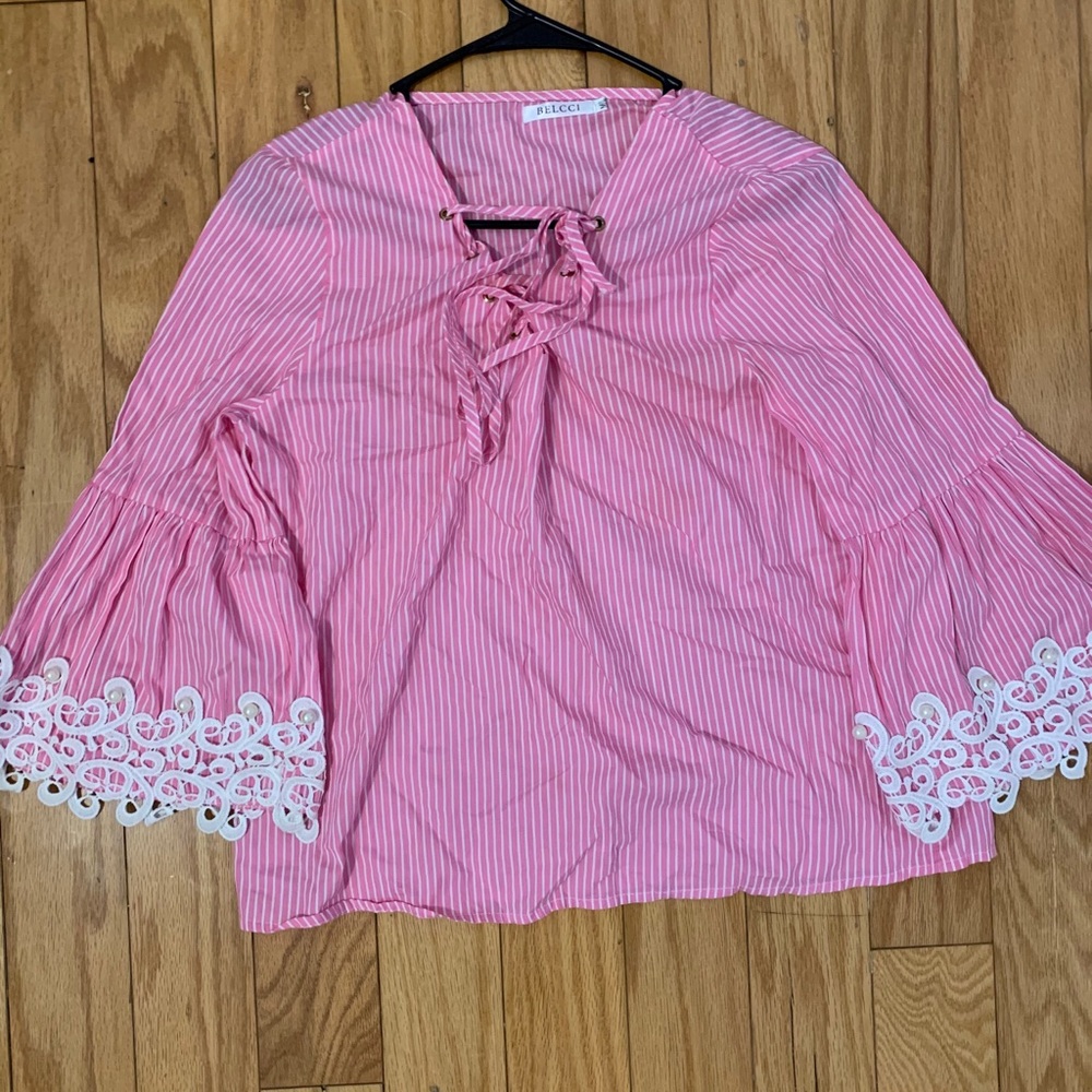 Belcci lace up v neck bell sleeve blouse